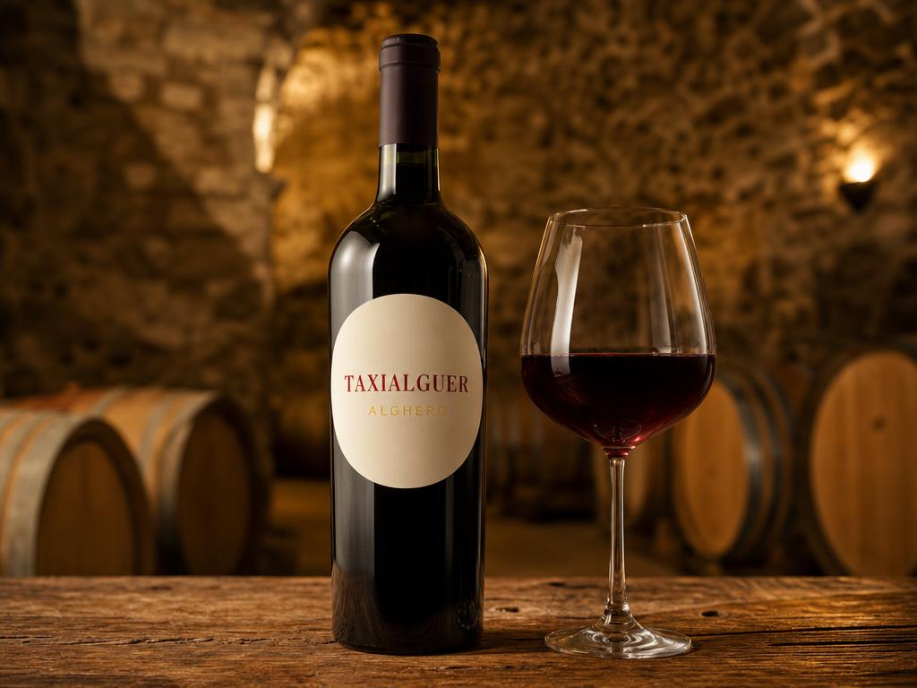 Bottiglia di vino con etichetta TaxiAlguer e bicchiere di vino rosso in una cantina di Alghero